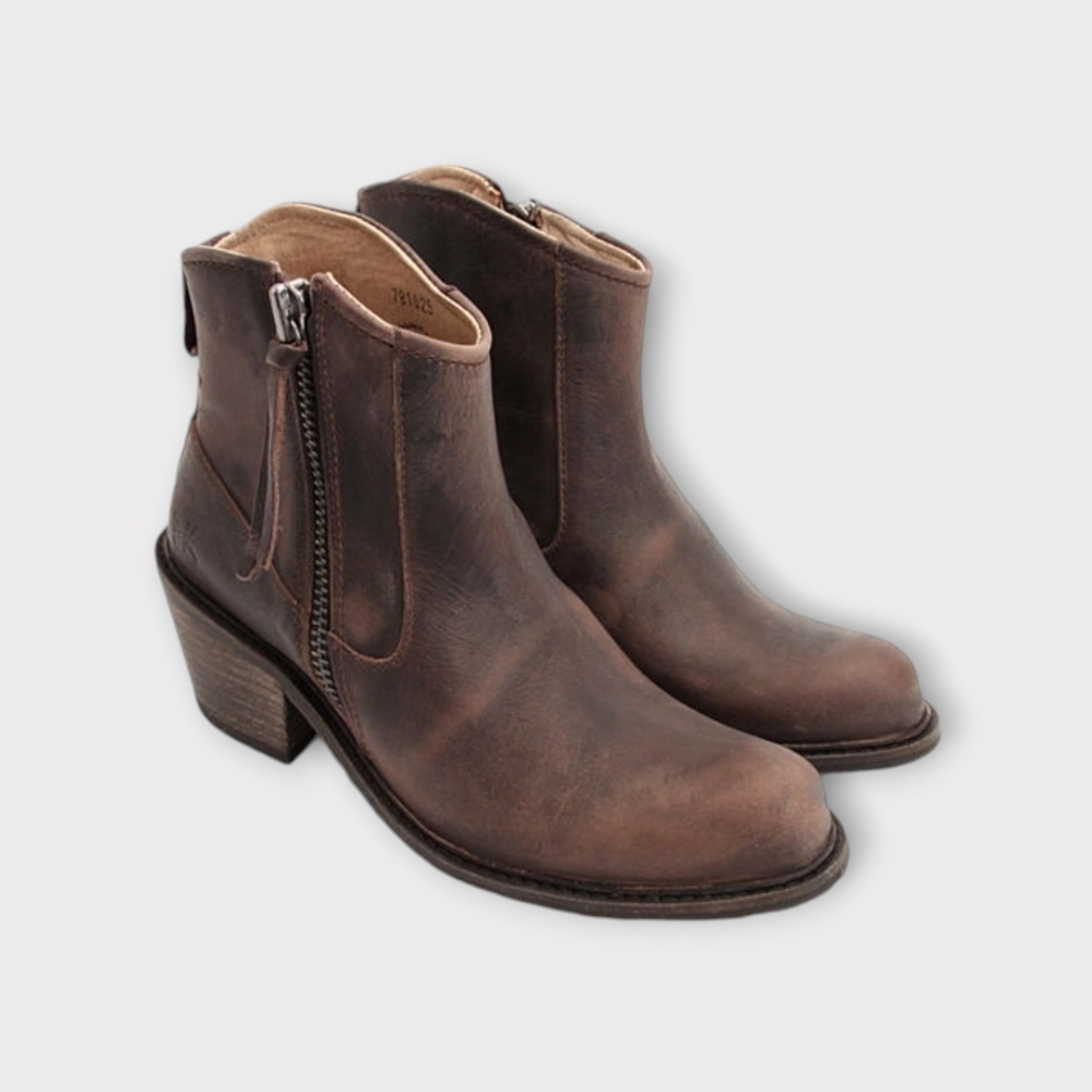 John Fluevog Adriana Hannah Brown Leather Western Side Zip Ankle Boots